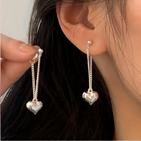 Silver heart on chain stud drop earrings love gift girlfriend wife valentines - Picture 2 of 3